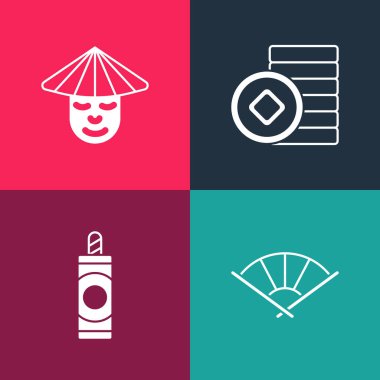 Pop-art Çin veya Japon katlama fanı, Havai fişek, Yuan para birimi ve erkek ikonu ayarlayın. Vektör