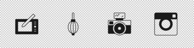 Grafik tableti, toz üfleyiciyi, fotoğraf makinesini flaş ve simge ile ayarla. Vektör
