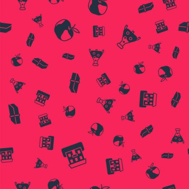 Okul binası, Apple, Silici veya Lastik ve Test tüpü ve matarayı pürüzsüz desenlere ayarlayın. Vektör