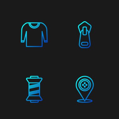 Terzi dükkanı, dikiş ipliği, kazak ve fermuar ayarlayın. Renk simgeleri. Vektör