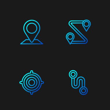 Hat güzergahı, hedef spor, konum ve yer belirleyin. Renk simgeleri. Vektör