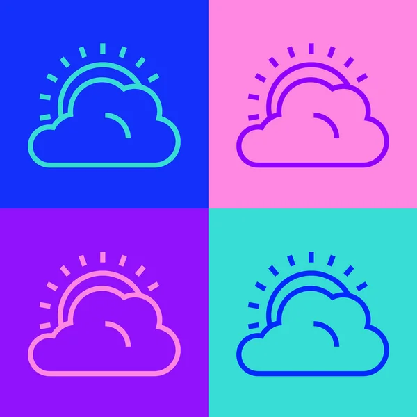 Pop Art Linie Sonne Und Wolken Wetter Symbol Isoliert Auf — Stockvektor