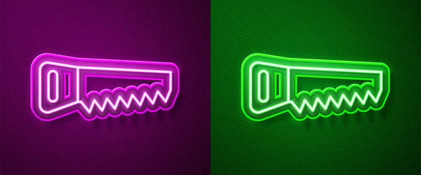 Gloeiende Neon Lijn Handzaag Pictogram Geïsoleerd Paarse Groene Achtergrond Vector — Stockvector