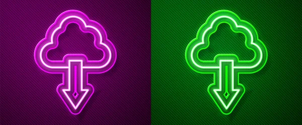 Glowing Neon Line Cloud Download Icon Isolated Purple Green Background — Stock Vector