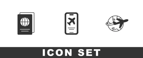 Réglez Passeport Mobile Avec Billet Icône Avion Volant Globe Vecteur — Image vectorielle