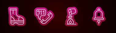 İtfaiye botları, telefon 911 'i, yangın söndürme kovası ve alarm zili. Parlayan neon ikonu. Vektör