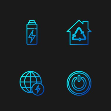 Hat düğmesi, Küresel Enerji Enerji Gezegeni, Batarya ve Eko Evi, geri dönüşümlü. Renk simgeleri. Vektör