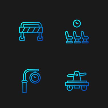 Hat Draisine veya el arabası, tren istasyonu saati, yol bariyeri ve bekleme odası. Renk simgeleri. Vektör