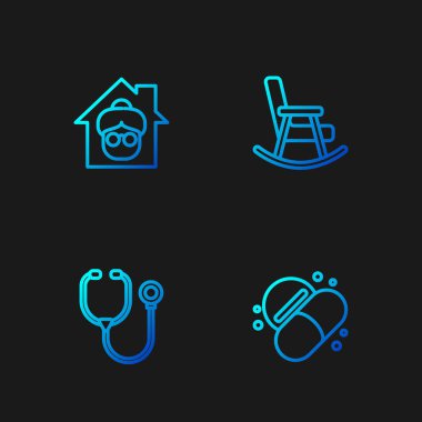 İlaç hapı ya da tablet, steteskop, huzurevi ve sallanan sandalye ayarlayın. Renk simgeleri. Vektör