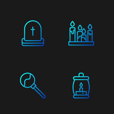 Kamp feneri, lolipop, RIP yazılı ve yanan mumlu Tombstone 'u ayarla. Renk simgeleri. Vektör