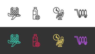 Takvim ve uçak ayarlandı, su şişesi yok, insan havaalanı terminalinde bekliyor ve bagajı siyah beyaz. Vektör