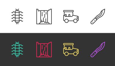 Kırkayak Böceği, Şelale, Safari arabası ve Pala 'yı siyah beyaza ayarla. Vektör