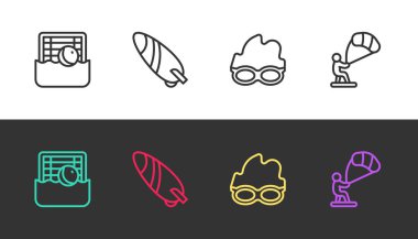 Sıralı su topu, sörf tahtası, yüzme gözlüğü ve siyah beyaz uçurtma. Vektör