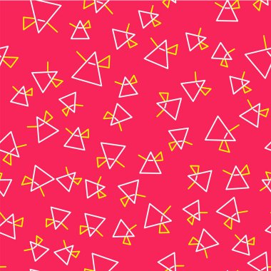 Prizma simgesindeki çizgi ışığı ışınları kırmızı arkaplanda izole edilmiş. Cam prizmada gökkuşağı spektrum dağılımı optik etkisi. Vektör