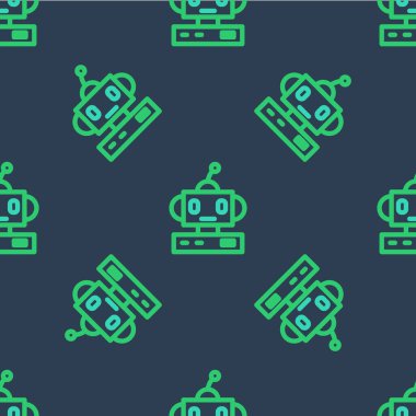 Çizgili Robot oyuncak ikonu mavi arka planda kusursuz desen izole etti. Vektör