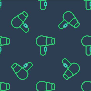 Çizgi saç kurutma ikonu mavi arkaplanda kusursuz desen izole etti. Saç kurutma makinesi tabelası. Saç kurutma sembolü. Sıcak hava üflüyor. Vektör