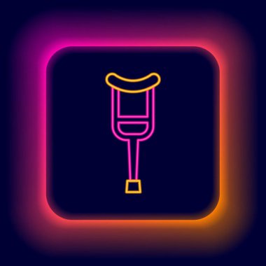 Parlayan neon çizgisi ya da koltuk değneği simgesi siyah arkaplanda izole edilmiş. Kas iskeleti hastalığı olan insanların rehabilitasyonu için gerekli ekipman. Renkli taslak konsepti. Vektör