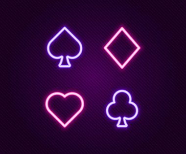 Parlayan neon çizgisi oyun kartı simgesi siyah arkaplanda izole edildi. Kumarhane kumarı. Renkli taslak konsepti. Vektör