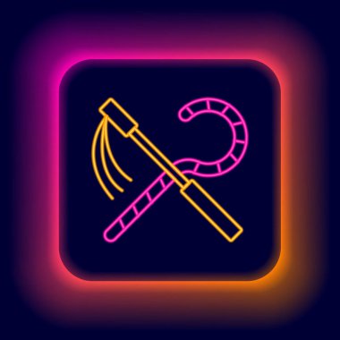 Parlayan neon hattı Crook ve flail simgesi siyah arkaplanda izole edildi. Eski Mısır sembolü. Mısırın asaları. Renkli taslak konsepti. Vektör