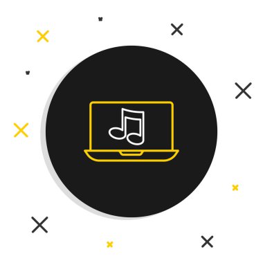 Ekran simgesinde nota sembolü olan çizgi dizüstü bilgisayarı beyaz arkaplanda izole edildi. Renkli taslak konsepti. Vektör