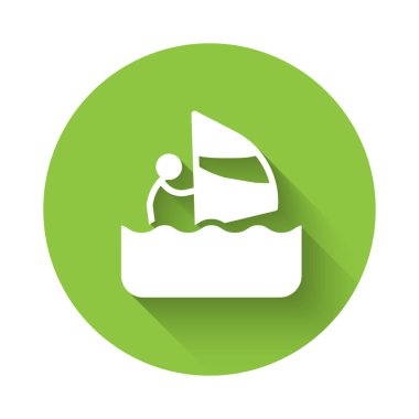 Beyaz rüzgar sörfü simgesi uzun gölge arkaplanı ile izole edildi. Yeşil daire düğmesi. Vektör