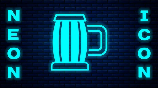 Glowing Neon Wooden Beer Mug Icon Isolated Brick Wall Background — Stock Vector