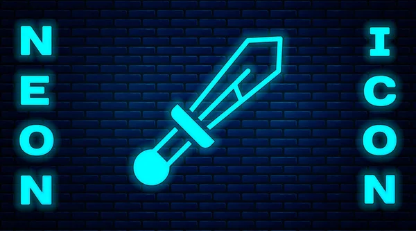 Glowing Neon Medieval Sword Icon Isolated Brick Wall Background Medieval — Stock Vector