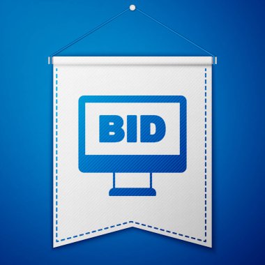 Blue Online açık artırma simgesi mavi arkaplanda izole edildi. Teklif tabelası. Açık arttırma teklifi. Satış ve alıcılar. Beyaz flama şablonu. Vektör
