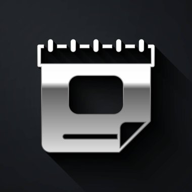 Gümüş Takvim simgesi siyah arkaplanda izole edildi. Olay hatırlatma sembolü. Uzun gölge tarzı. Vektör