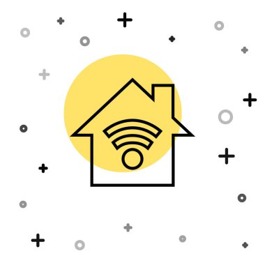 Beyaz arkaplanda kablosuz ağ ikonlu akıllı ev. Uzaktan kumanda. Rastgele dinamik şekiller. Vektör.