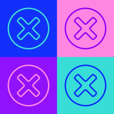 Pop sanat çizgisi X Mark, daire simgesinde çapraz çizgi renk arkaplanı izole. Çapraz işaret simgesini kontrol et. Vektör