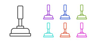 Beyaz arka planda izole edilmiş boru temizleme ikonu için tahta saplı siyah çizgili lastik pompa. Tuvalet pompası. Simgeleri renklendirin. Vektör