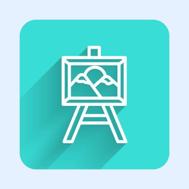 Beyaz Çizgi Açık Artırma resim simgesi uzun gölge arkaplan izole. Açık arttırma teklifi. Satış ve alıcılar. Yeşil kare düğmesi. Vektör