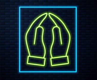 Parlayan neon hattı Eller dua pozisyonunda tuğla duvar arkasında izole edilmiş ikon. Tanrı 'ya inanç ve umutla dua edin. Vektör