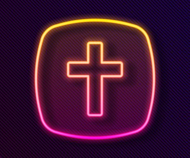 Parlayan neon hattı Hıristiyan çapraz simgesi siyah arka planda izole edildi. Kilise haçı. Vektör