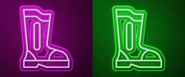 Parlayan neon çizme çizmesi ikonu mor ve yeşil arkaplanda izole edilmiş. Vektör