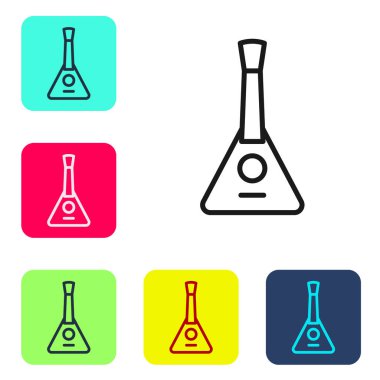 Beyaz arka planda siyah çizgi müzik aleti Balalaika simgesi izole edildi. Renkli kare düğmelerle simgeleri ayarla. Vektör