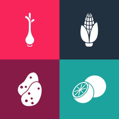 Pop Art Orange meyvesi, Patates, Mısır ve taze soğan ikonu. Vektör