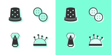 İğne ve iğneleri hazırla dikiş dikmek için yüksük, fermuar ve dikiş düğmesi simgesi. Vektör