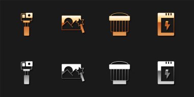 Eylem kamerası, Fotoğraf rötuşlama, Fotoğraf objektifi ve simge için batarya ayarlayın. Vektör