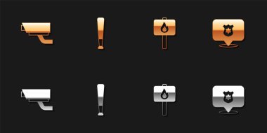 Güvenlik kamerası, beysbol sopası, protesto ve polis rozeti ikonu. Vektör