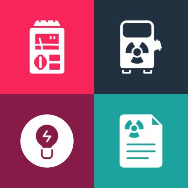 Radyasyon uyarı belgesini, fikir kavramına sahip ampulü, elektrikli araba şarj istasyonunu ve dozimetre simgesini ayarla. Vektör