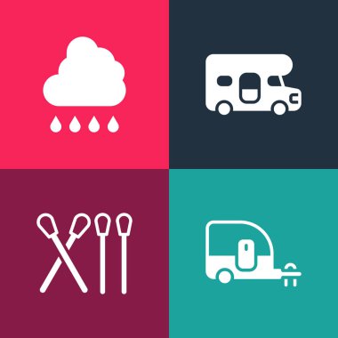 Pop Art Rv Kamp karavanı, kibrit çöpü, karavan ve yağmur ikonlu Bulut ayarlayın. Vektör