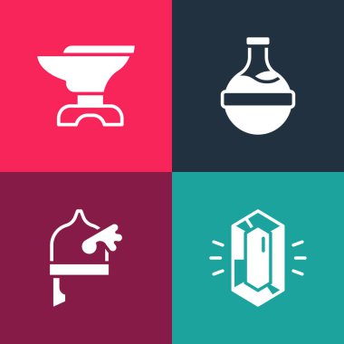 Pop Art Gem Stone 'u, Viking' i boynuzlu kaskla, iksirle şişeyi ve Anvil 'i demircilik ikonu olarak ayarla. Vektör