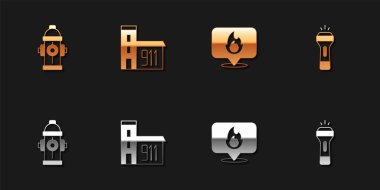 Yangın musluğu, itfaiye binası, alev ve fener ikonlu konum. Vektör