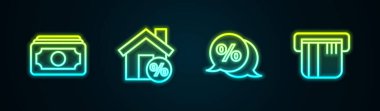 Hat Stacks kağıt para, indirimli ev, indirimli yüzde etiket ve kredi kartı. Parlayan neon ikonu. Vektör