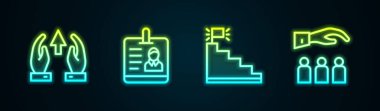 Büyüme çizelgesi ve ilerleme, kimlik kartı, bitiş bayrağı ve patron çalışanı olan merdiven. Parlayan neon ikonu. Vektör