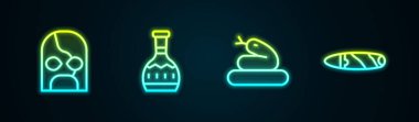 Meksikalı güreşçi, tekila şişesi, yılan ve puro. Parlayan neon ikonu. Vektör