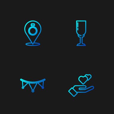 Sabit bir çizgi, bayraklı karnaval çelengi, alyanslar ve bir kadeh şampanya. Renk simgeleri. Vektör