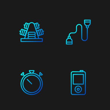 Set hattı müzik çalar, Stopwatch, ağırlıklı metal raf ve göğüs açıcı. Renk simgeleri. Vektör